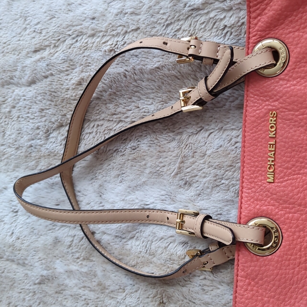 Michael Kors Peachy Pink Pebbled Leather Shoulder Tote Bag Purse Many Pockets - Picture 7 of 16